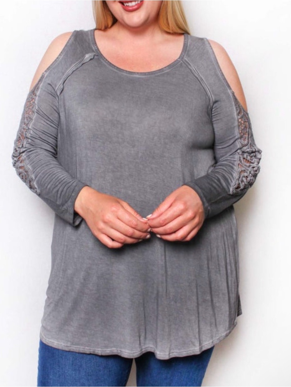 Love Fire Gray Cold-Shoulder Tunic with Crochet Sleeve Detail Plus
